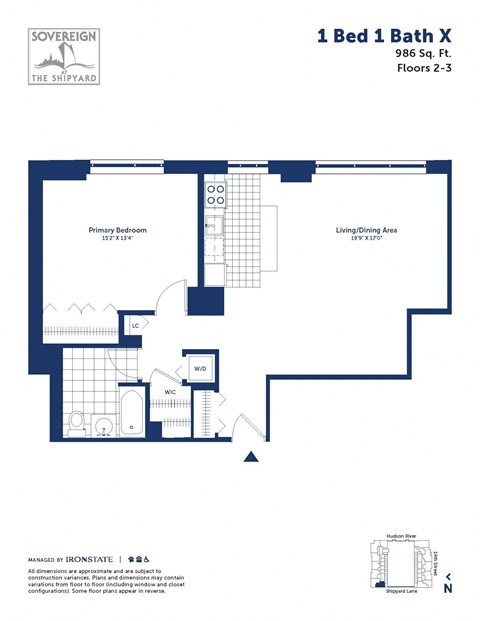 Floor plan for 1 bed, 1 bath, 986 sqft